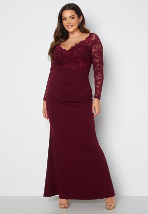 Goddiva Curve Long Sleeve Lace Trim Maxi Dress Dark Wine 46 (UK18)