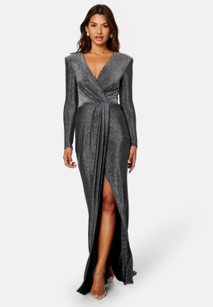Goddiva Long Sleeve Glitter Maxi Dress Black/Silver L (UK14)