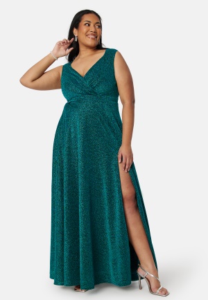 Goddiva Curve Glitter Wrap Front Maxi Dress With Split Emerald 44 (UK16)